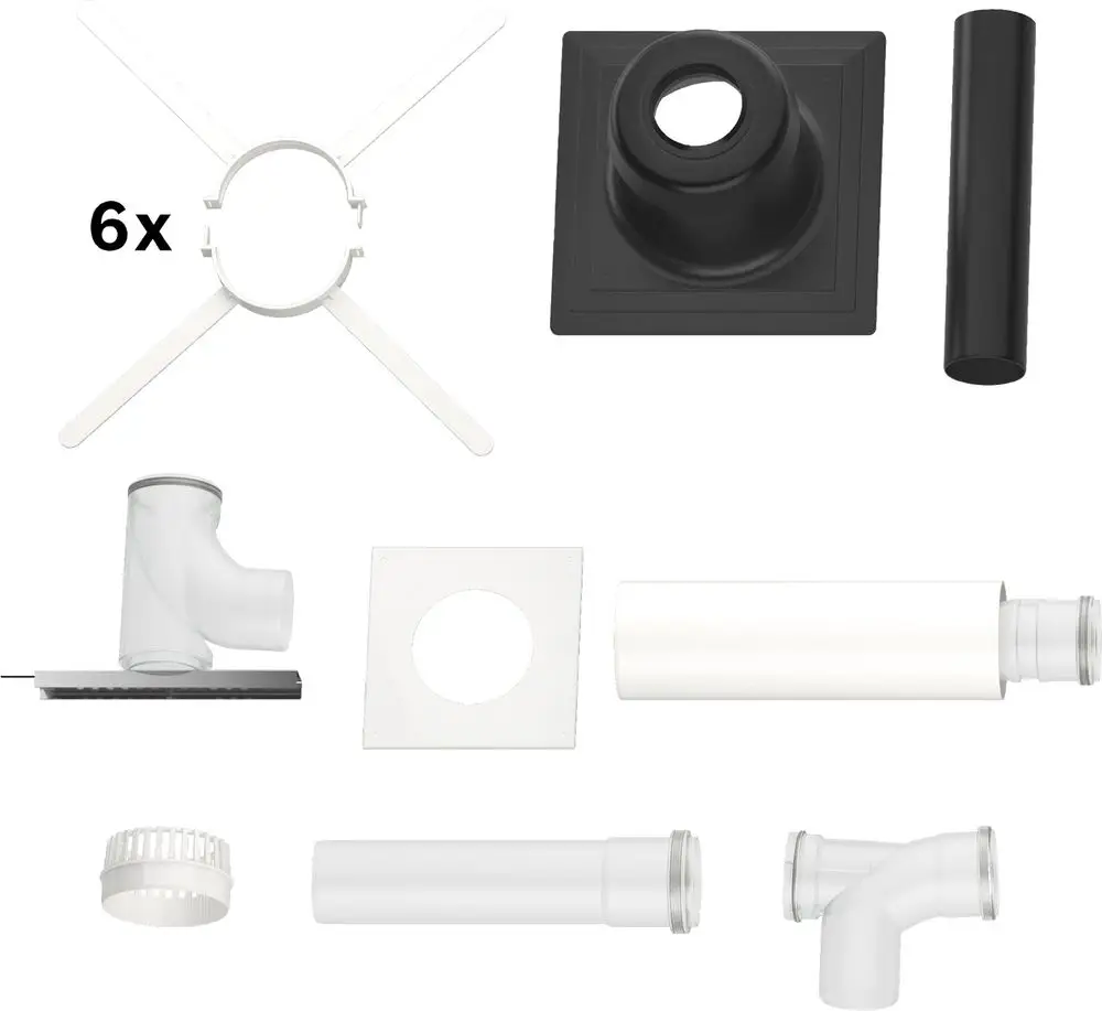 Abgassystem-Zubehör bestehend aus mehreren Kunststoffteilen, darunter Rohre, Winkelstücke und eine Montageplatte, geeignet für Bosch Produkte mit einem Durchmesser von 110 mm.
